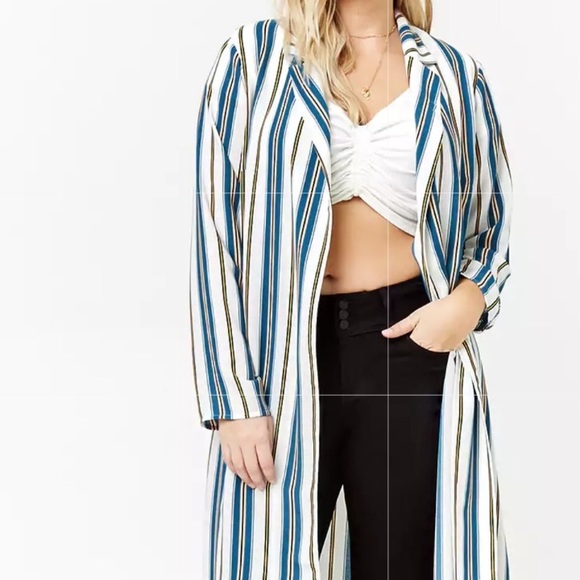 Forever 21 Jackets & Blazers - Cream, Blue & Black Stripe Long Duster